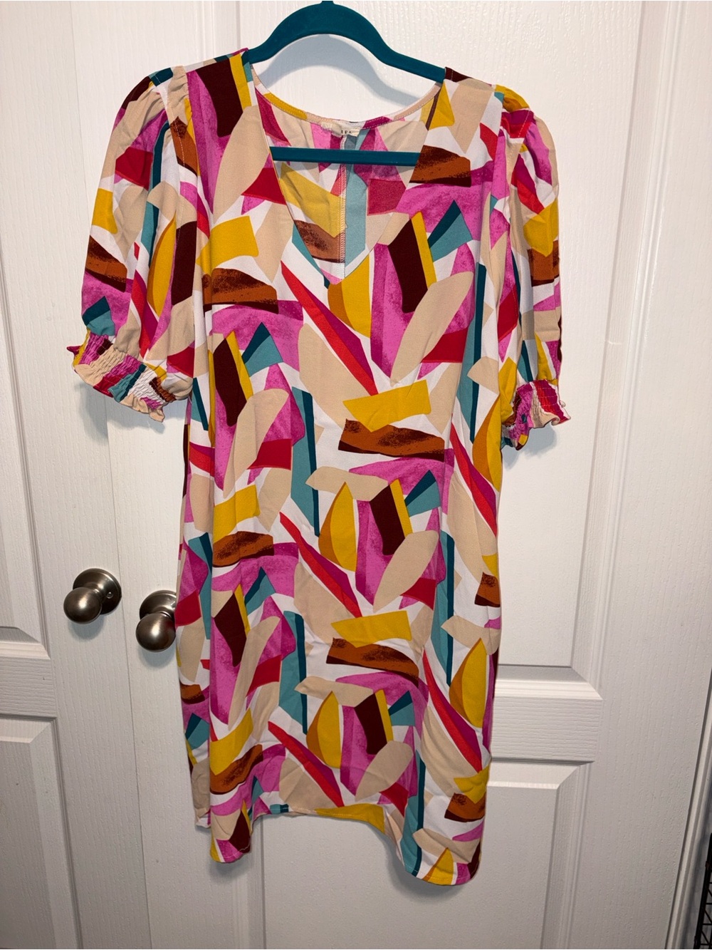 JODIFL Abstract Geometric Midi Dress - Pink, Yellow & Teal